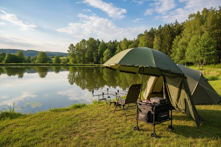 Angelschirm, Angelwagen und Angelausrüstung. Im Hintergrund ein Fischteich.