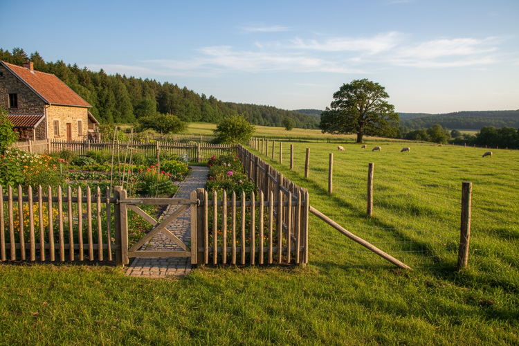 bäuerliches Anwesen mit Holzgartenzaun und Weidezaun, sowie Vieh
