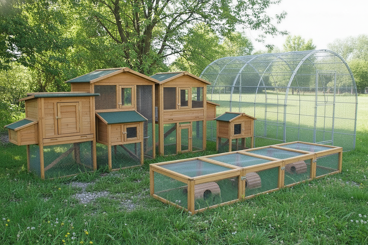 verschiedene Forme von Holzställen und ein Auslauf, sowie ein halbrunder Metall-Hühnerkäfig