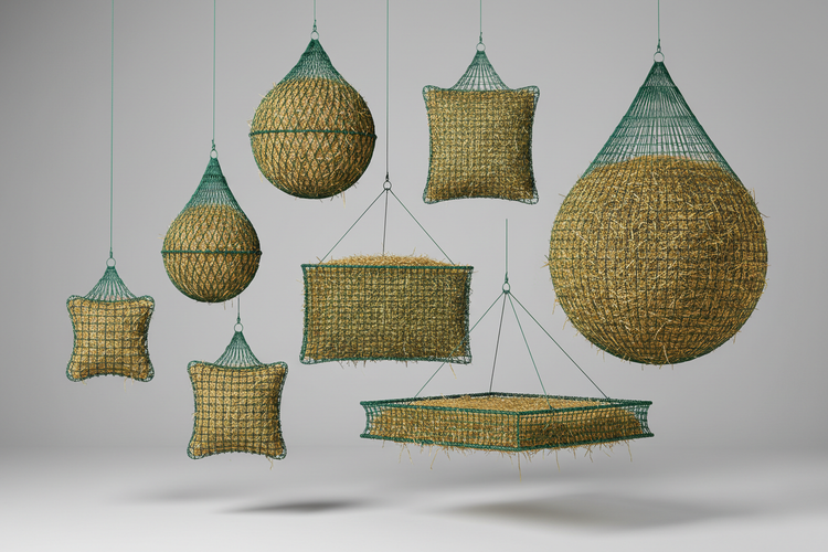 Hängende Futternetze in verschiedenen Größen, Farbe grün. Rund und rechteckig.