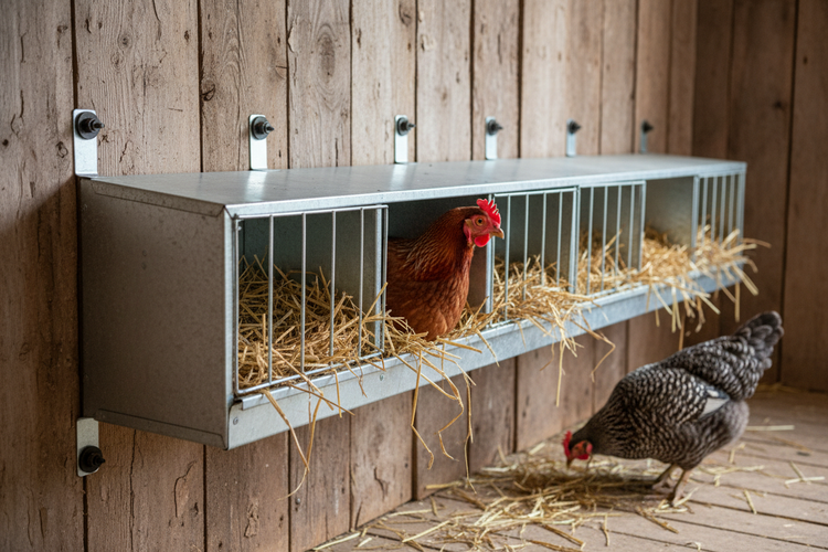 6 hängende Legenester aus Metall in Reihe mit glücklichen Hühnern
