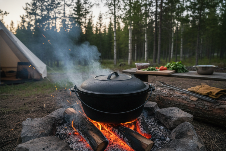 Ein gusseiserner, holländischer Ofen auf einem prasselnden Feuer am Abend bei einem klassischen Campingausflug mit Zelt