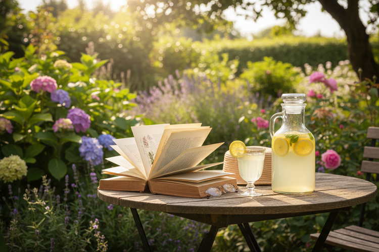 ein offenes Buch auf einem Gartentisch im Sommer und einer Karaffe mit Zitronenlimonade und einem Glas