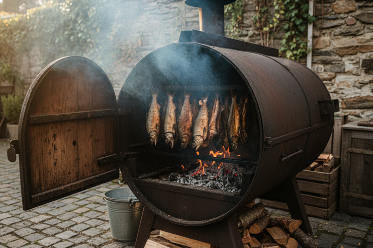 Eine große rustikale Räuchertonne im mediterranen Ambiente gefüllt mit einer großen Anzahl an geräucherten, goldgelben Forellen