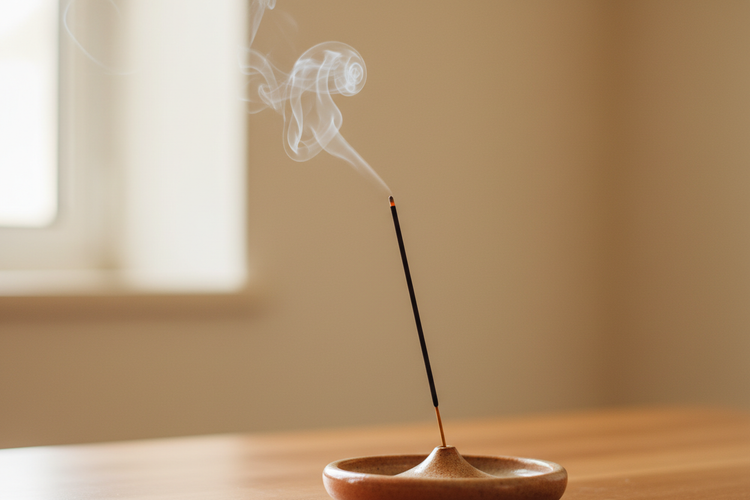 Ein Räucherstäbchen in einer eleganten halterung auf einem Tisch angezündet, qualmt und duftet