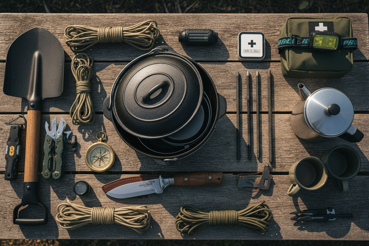 Ein Sortiment Outdoorausrüstung auf einem Holztisch, Spaten, Messer, Seile, Erste-Hilfe-Set, Feuerstahl und vieles mehr