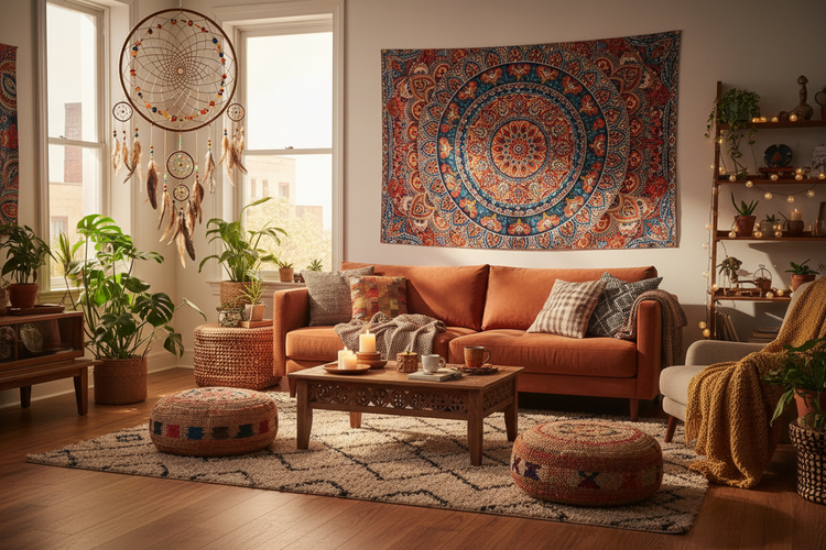 Ein stylisch dekoriertes Wohnzimmer mit Mandala-Wandbehang und balinesischem Traumfänger in der Nähe des Fensters