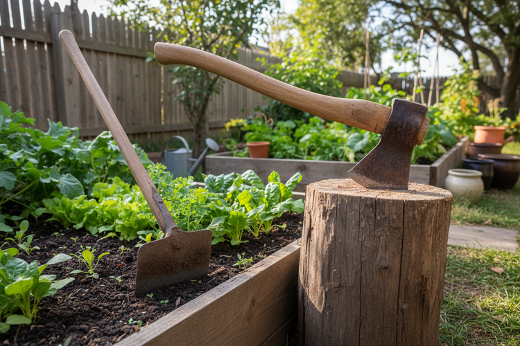Ein Bauerngarten mit Hochbeeten Pflanzhacke und Axt im baumstumpf ertragreiche Ernte und zuverlässiges Werkzeug
