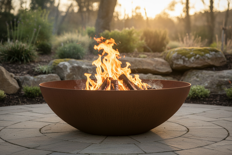 Eine wunderschöne Feuerschale aus rostigen Cortenstahl in einem abendlichen Ambiente mit flackernden Flammen zum Sonnenuntergang