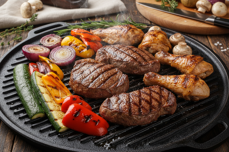 Eine Grillplatte aus Gusseisen mit fertig gebratenen Steaks, Chickenwings, Paprika, Champignons, Zucchini, Zwiebeln lecker