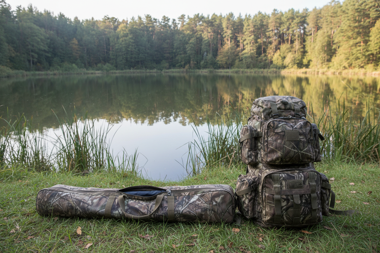 Angelzubehör an einem Teich, eine Angelrutentasche in Flecktarn und ein Militärrucksack Camouflage am Wald