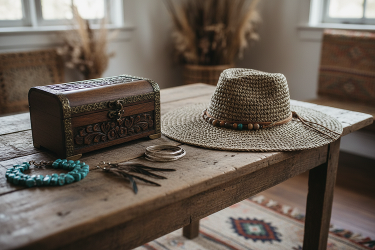 ein rustikaler Tisch mit einer Schmuckschatulle nebst Ohrringen, Kette, geflochtenem Hut und Armbändern im Hintergrund pampasgras getrocknet