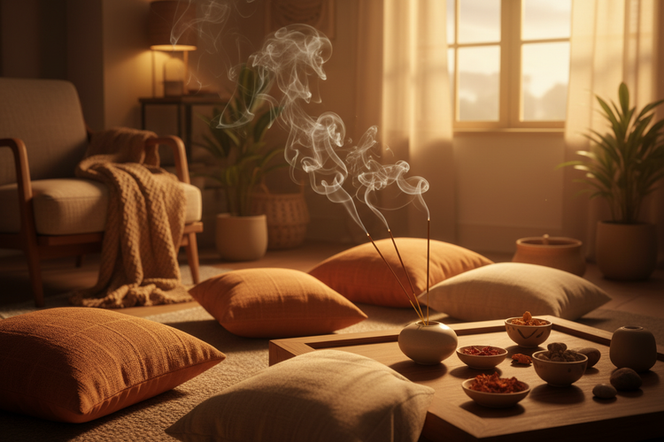 Eine wohnliche Atmosphäre im Wohnzimmer entspannt mit Räucherstäbchen und moderner Dekoration