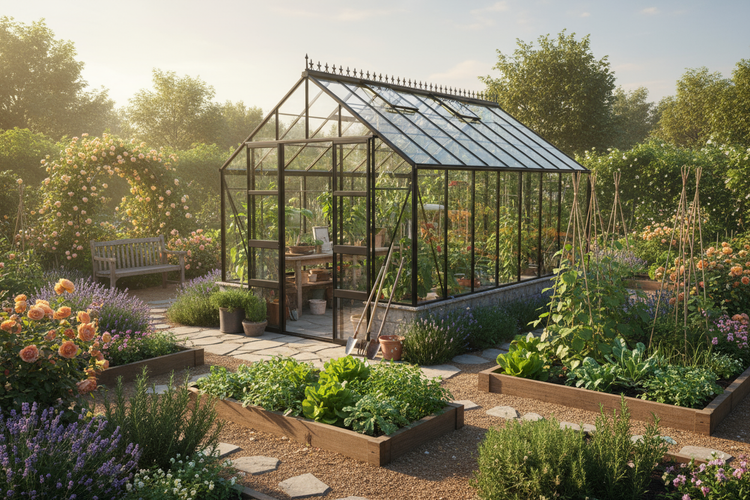 Gewächshaus Farbe schwarz in Garten mit Hochbeeten