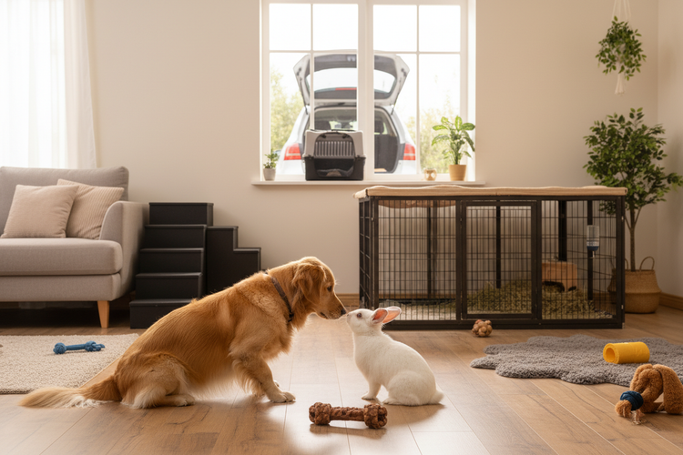 Hund und Kaninchen beschnüffeln sich, viel Zubehör ist zu sehen