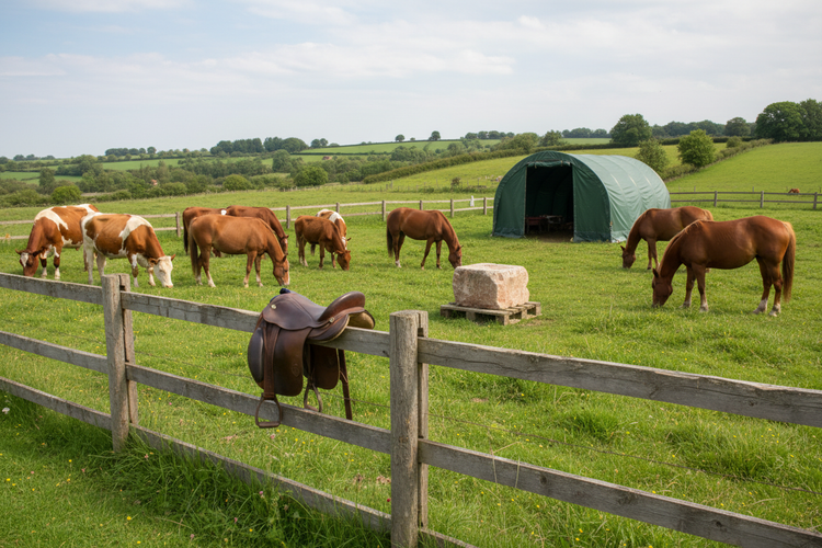 Pferdeherde und Kühe auf einer Weide mit Weidezelt.