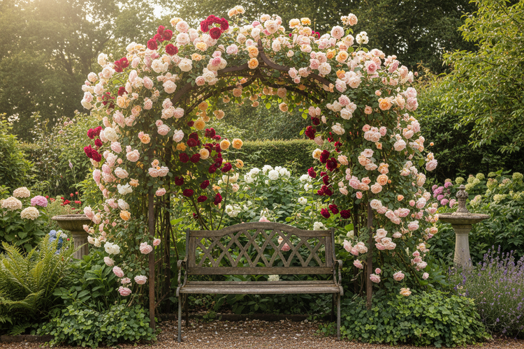 Bank unter Rosenbogen mit blühenden Rosenblüten im Garten