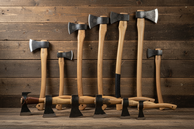 Verschiedene Äxte mit langem und kurzem Stiel vor Holzbrettern