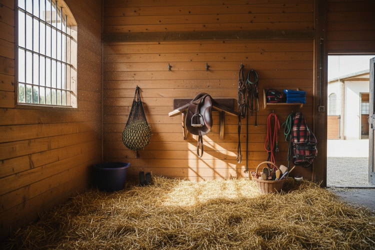 Pferdebox mit verschiedenem Zubehör