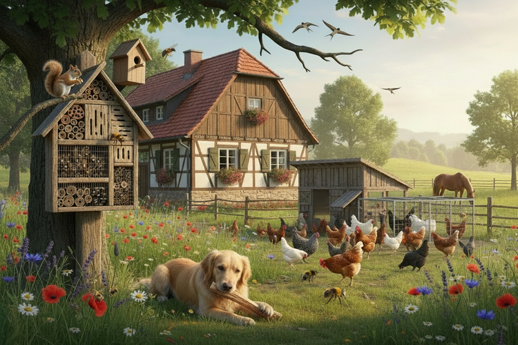 Bauernhofidylle mit Hühnern, Bienen, Wildvögeln, einem Hund und Pferd