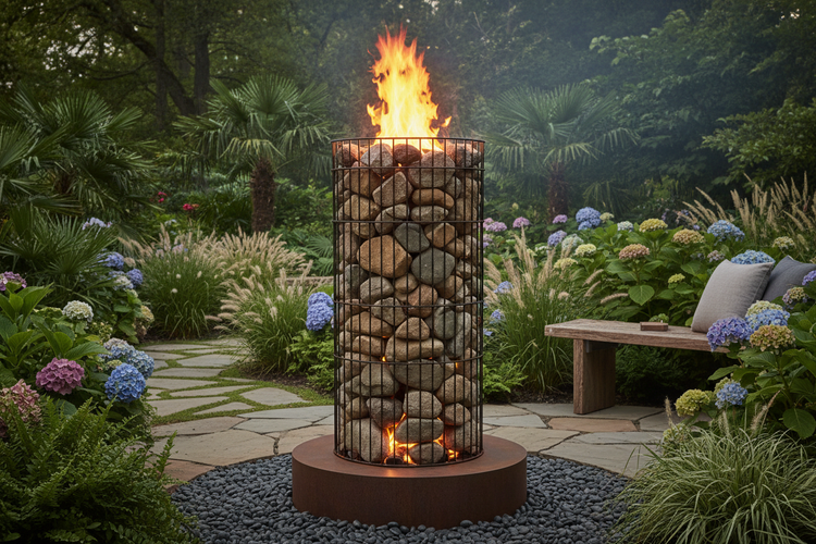 Feuersäule Gabione mit Flamme in dschungelhaftem Garten mit Gartenbank