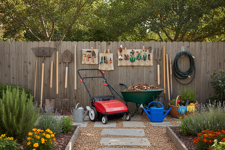 Gartenbild mit diversen Gartengeräten vor einem Holzzaun