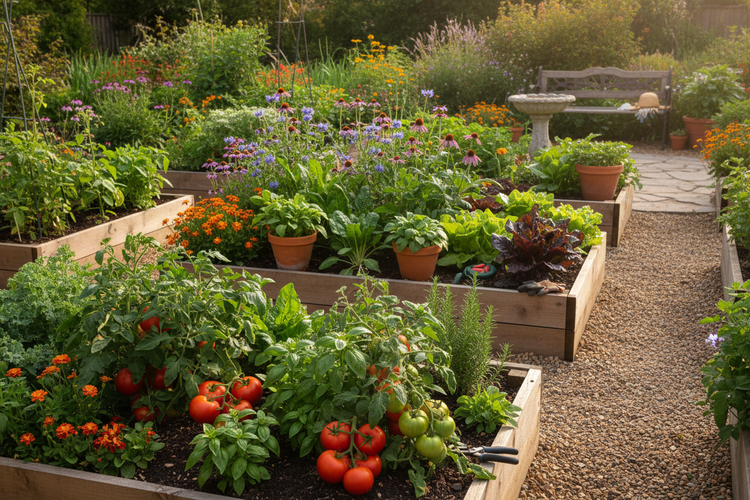 Gartenansicht mit Hochbeeten vielen Nutzpflazen sowie einer Gartenbank und Vogeltränke