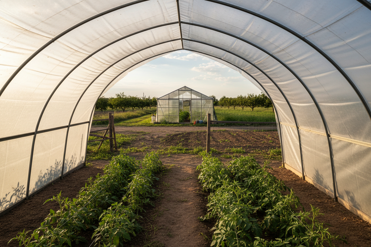 Blick aus Folientunnel mit Pflanzen auf ein Gewächshaus
