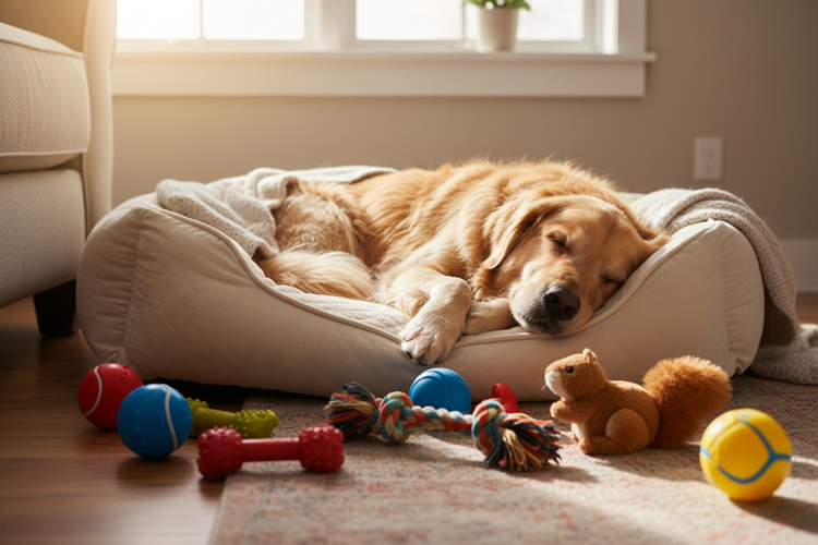 Süsser Hund im Hundebett. Es liegt Hundespielzeug herum.