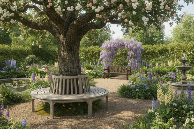 Idyllischer, blühender Garten mit einer Baumbank und einer Gartenbank im Hintergrund
