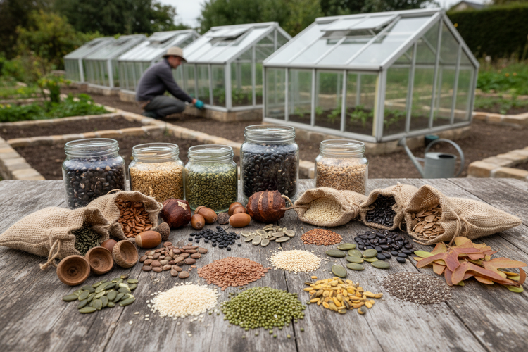 Verschiedenes Saatgut von Pflanzen und Bäumen. Im Hintergrund Anzuchgewächshaus und Gärtner
