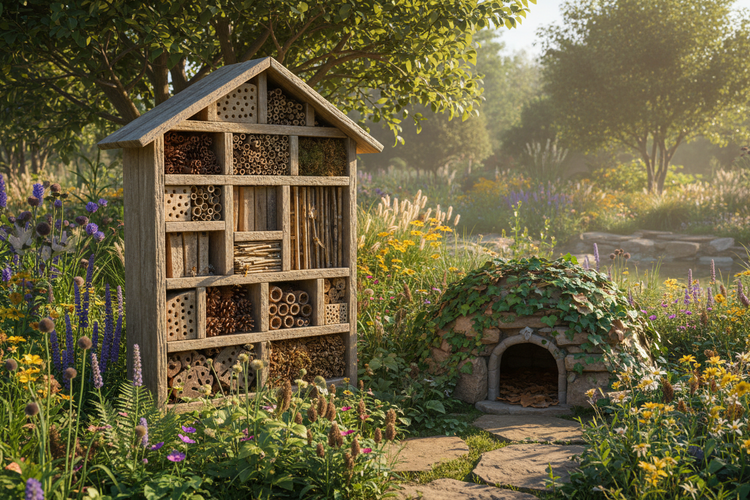 Ein großes Insektenhotel im Garten danaeben eine große Hummelburg daneben eine Vielfalt an Blumen und Sträuchern