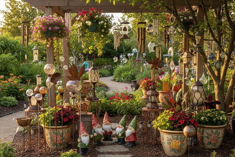 Gartenlaube mit Kiesweg im Hintergrund. Sehr viel Dekoration, vor allem Windspiele, aber auch Gartenzwerge