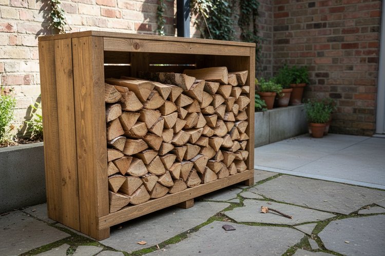 Ein hölzernes Lagerregal für Brennholz im Hof komplett gefüllt, Natursteinfliesen auf dem Boden im Hintergrund Topfpflanzen