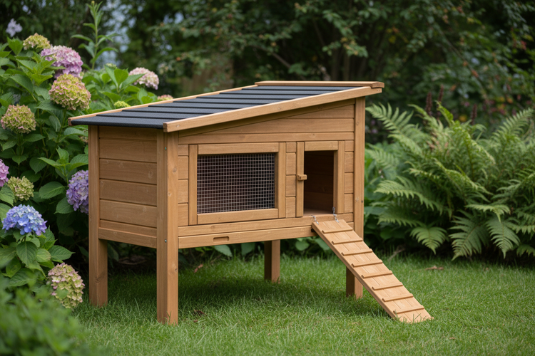 Kaninchenstall aus Holz mit Schrägdach und Leiter. Blumen und Farne im Hintergrund.