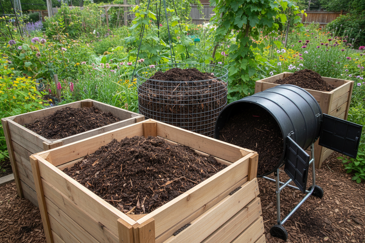 Verschieden Komposter aus Holz, Metall und Kunststoff, gefüllt mit hochwertiger Erde