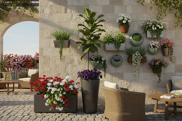 Pflanzkästen, Wandpflanzkästen, Balkonkästen in mediteranem Ambiente