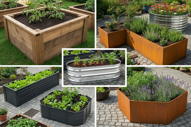 Verschieden Hochbeete aus Metall, Holz und rostigem Cortenstahl 