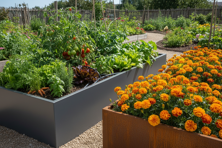 Zwei Hochbeete jeweils mit Gemüse und Ringelblumen