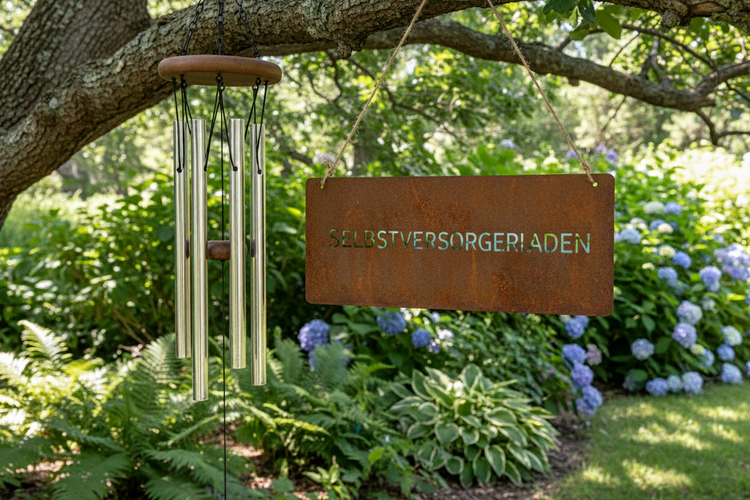 Kulisse Garten im Hintergrund mit einem Windspiel und einem Cortenstahlschild am Baum hängend
