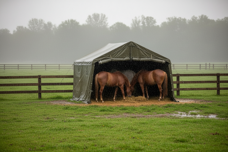 Grünes Weidezelt auf Weide bei Regen. 3 Pferde suchen Schutz.