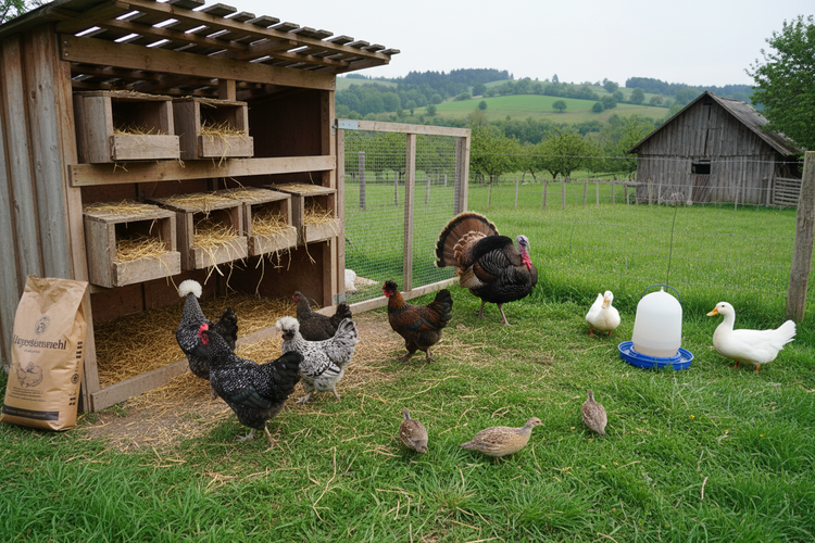 Ein Hühnerstall mit Legenestern. Im Vordergrund Hühner seltener Rassen, Wachteln und anderes Geflügel. Ein Sack Urgesteinsmehl und Tränke aus Plastik.