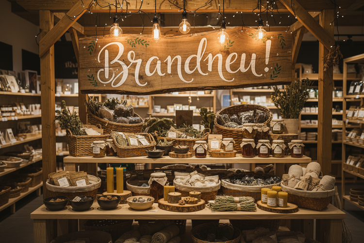 Die Auslage in einem rustikalen Bauernladen chicke Beleuchtung und Schils mit der Aufschrift Brandneu!