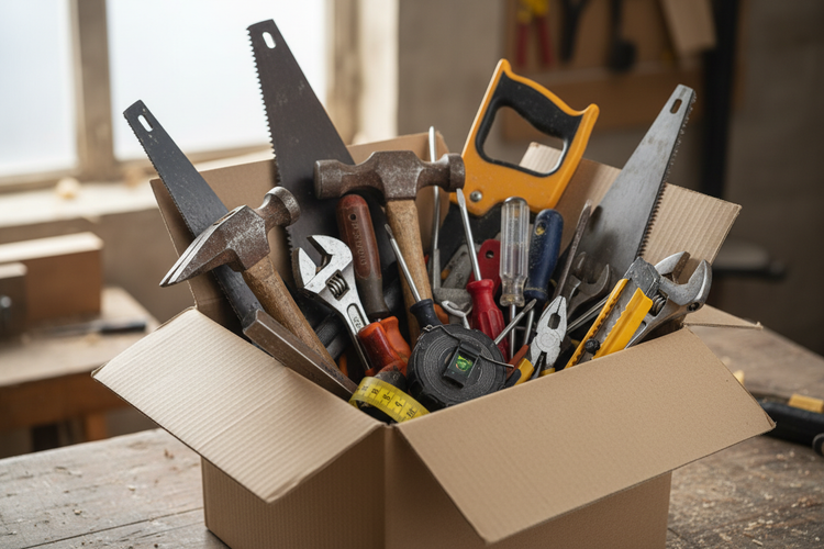 offener Pappkarton mit verschiedenen Werkzeugen