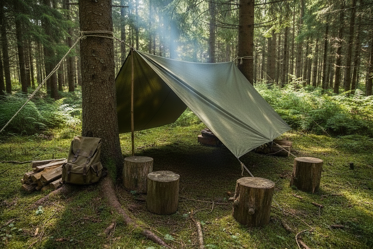 Typische Bushcraft Szene mit Tarp als Unterkunft und Regenschutz im Wald gespannt mit Seilen und einem Rucksack