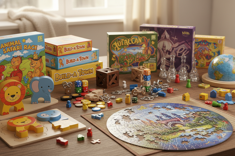 Ein Tisch mit verschiedenen Spielen und Puzzles für alle Altersklassen und für die ganze Familie