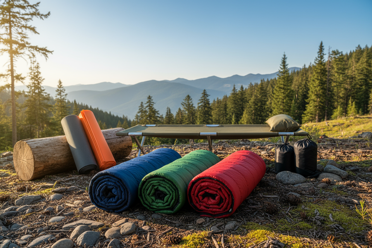 Schlafsäcke, Isomatten und ein Campingbett vor einer idyllischen Mittelgebirgslandschaft mit Nadelwald, Fichten & Kiefern