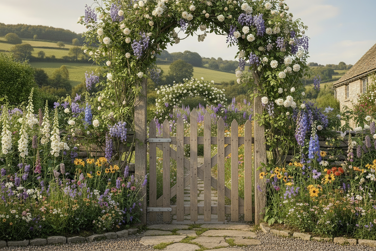 Gartentürchen aus Holz unter blühendem Rosenbogen