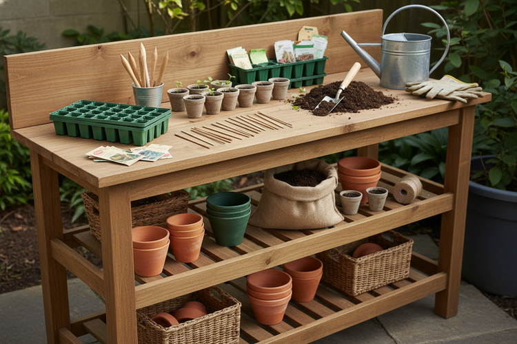 Pflanztisch mit 3 Ebenen, bestückt mit Pikierzubehör,Pflanztöpfen und Pflanzsäcken