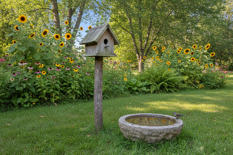 Ein Vogelhaus auf einem hohen Pfahl daneben eine gut gefüllte Vogeltränke im Hintergrund eine Vielzahl von großgewachsenen Sonnenblumen